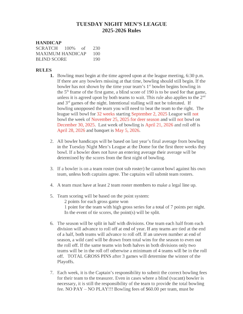 Tuesday Night Mens Rules 2024 2025