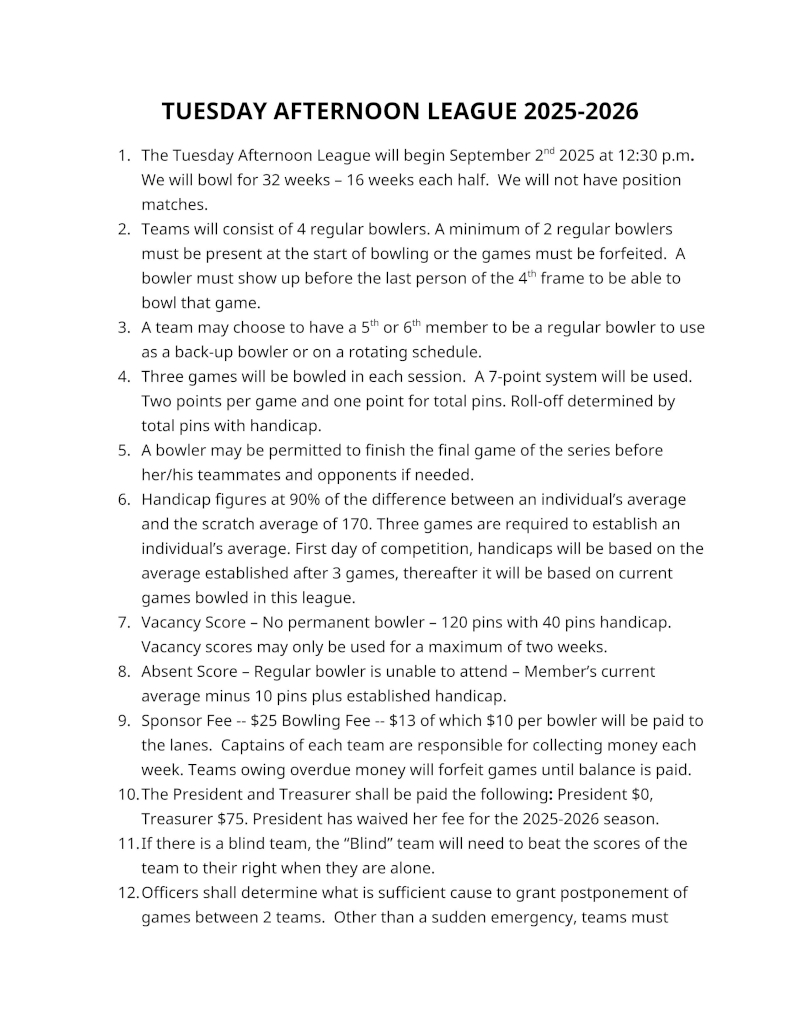 TUESDAY AFTERNOON RULES 2024 2025